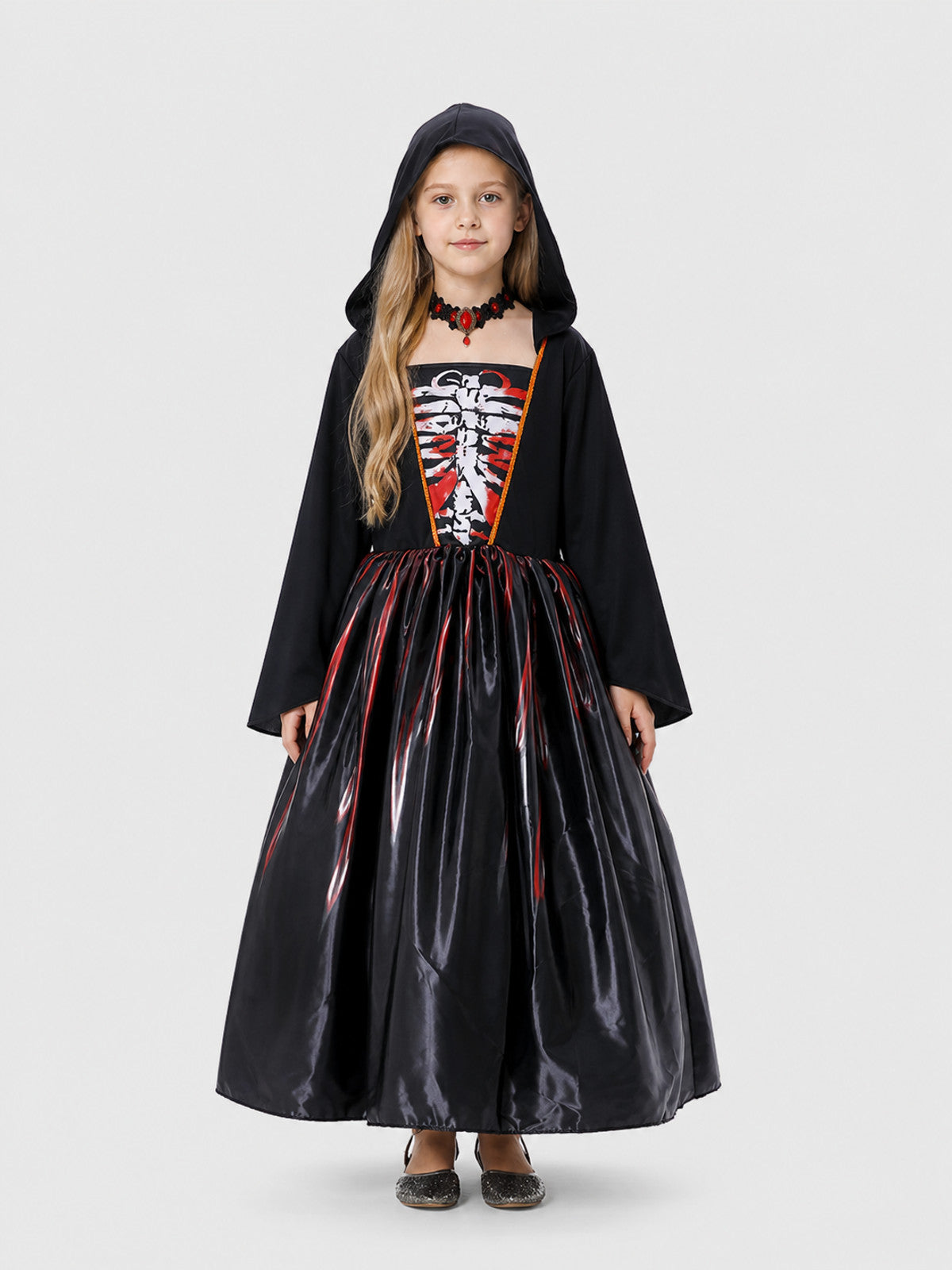 Halloween Dress with Skull and Red Stripes, Hood on-model view
