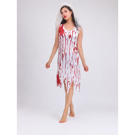 Halloween Ghost Costume with Dress and Veil on-model view