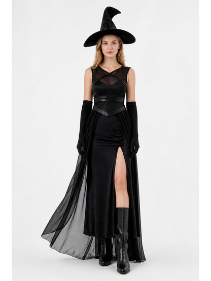 Black Witch Costume with Dress, Hat, and Gloves main product view