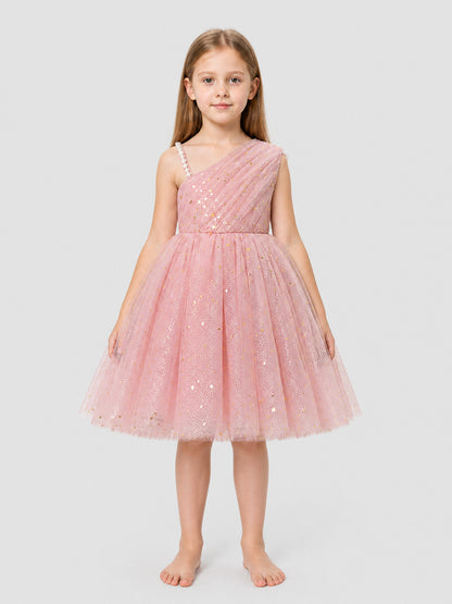 Girls' Dressy One-Shoulder Princess Dress with Sequins on-model view