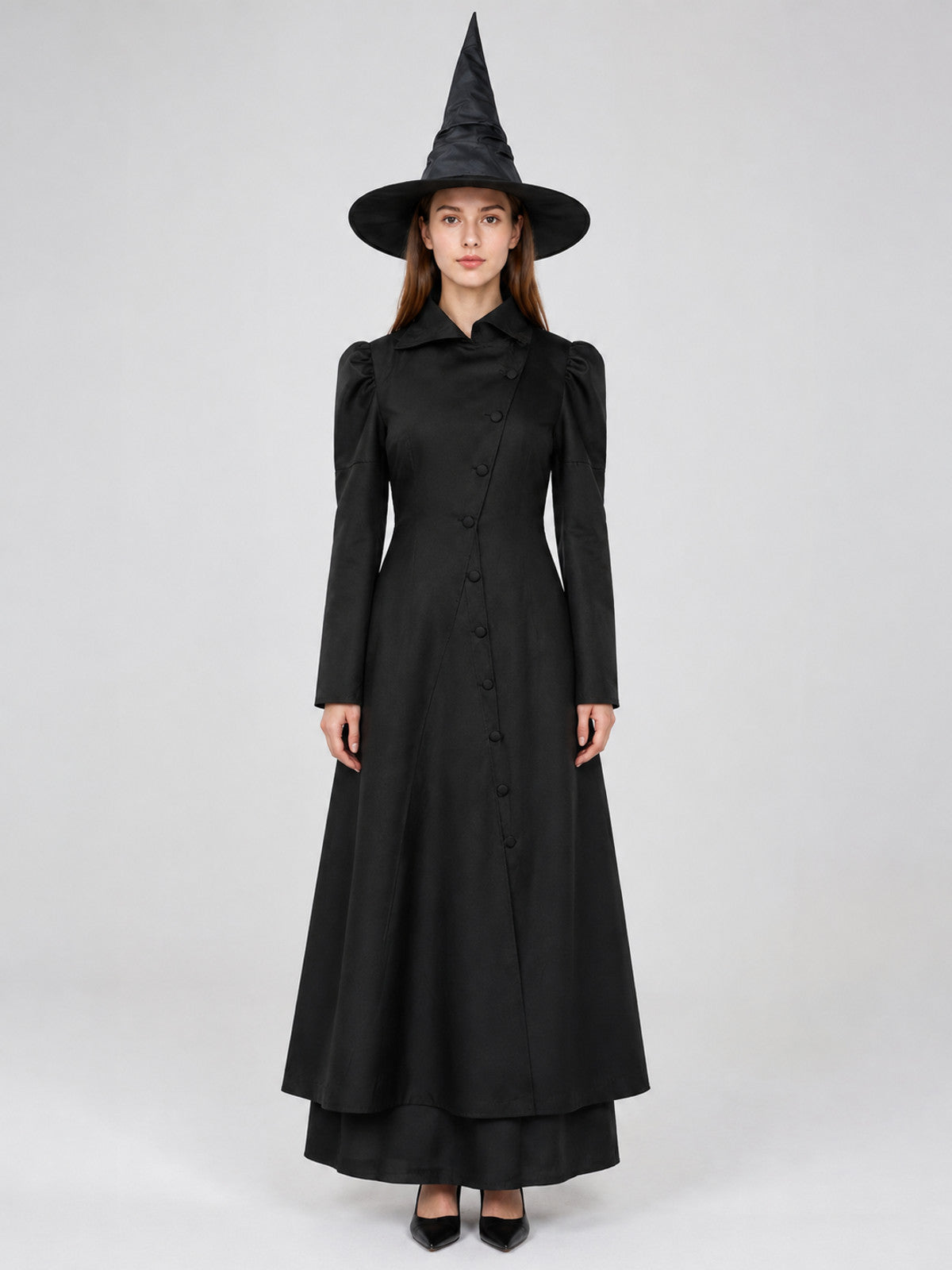 Witch Costume with Coat, Skirt, and Pointed Hat on-model view