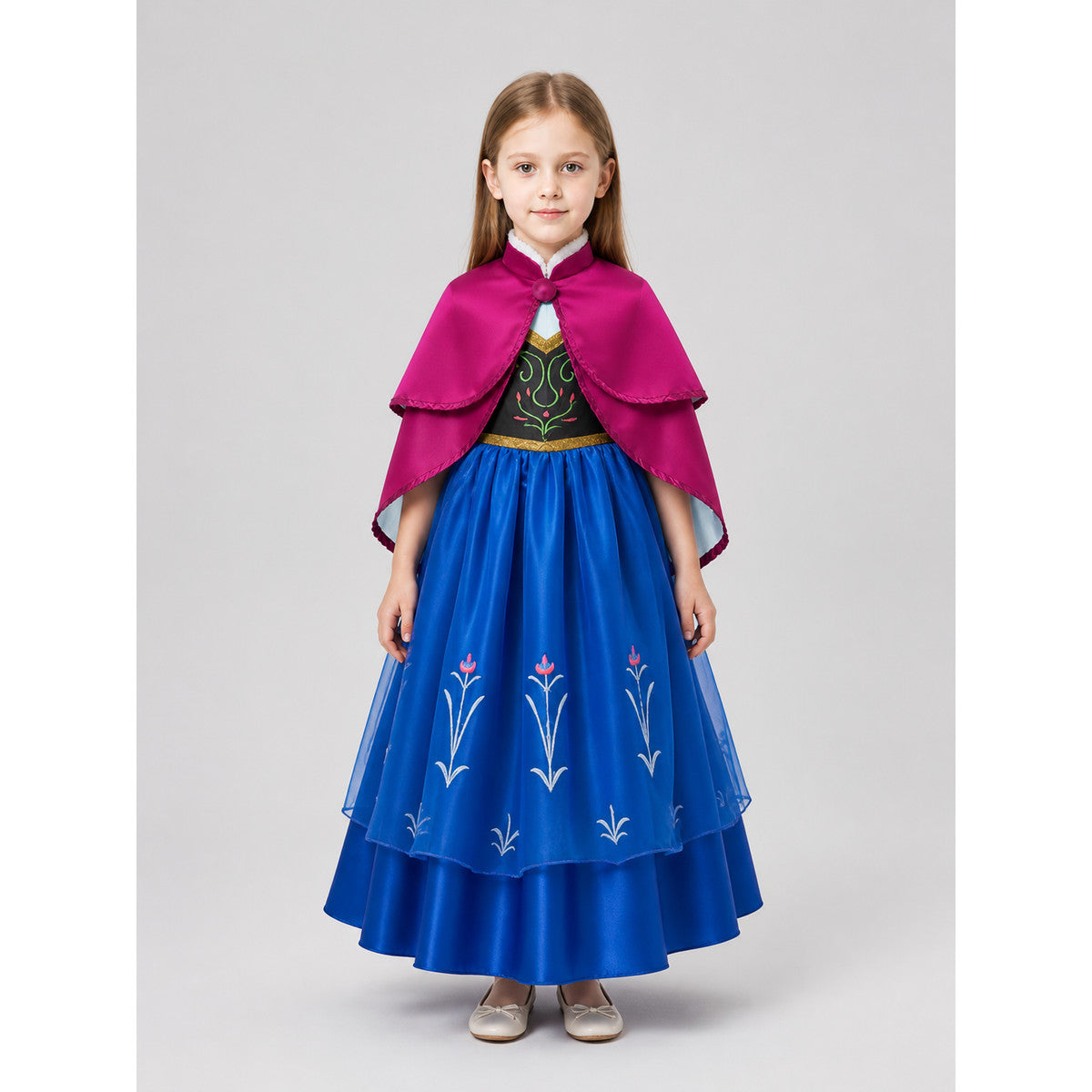 Elsa Costume with Purple Cape and Blue Full Skirt on-model view