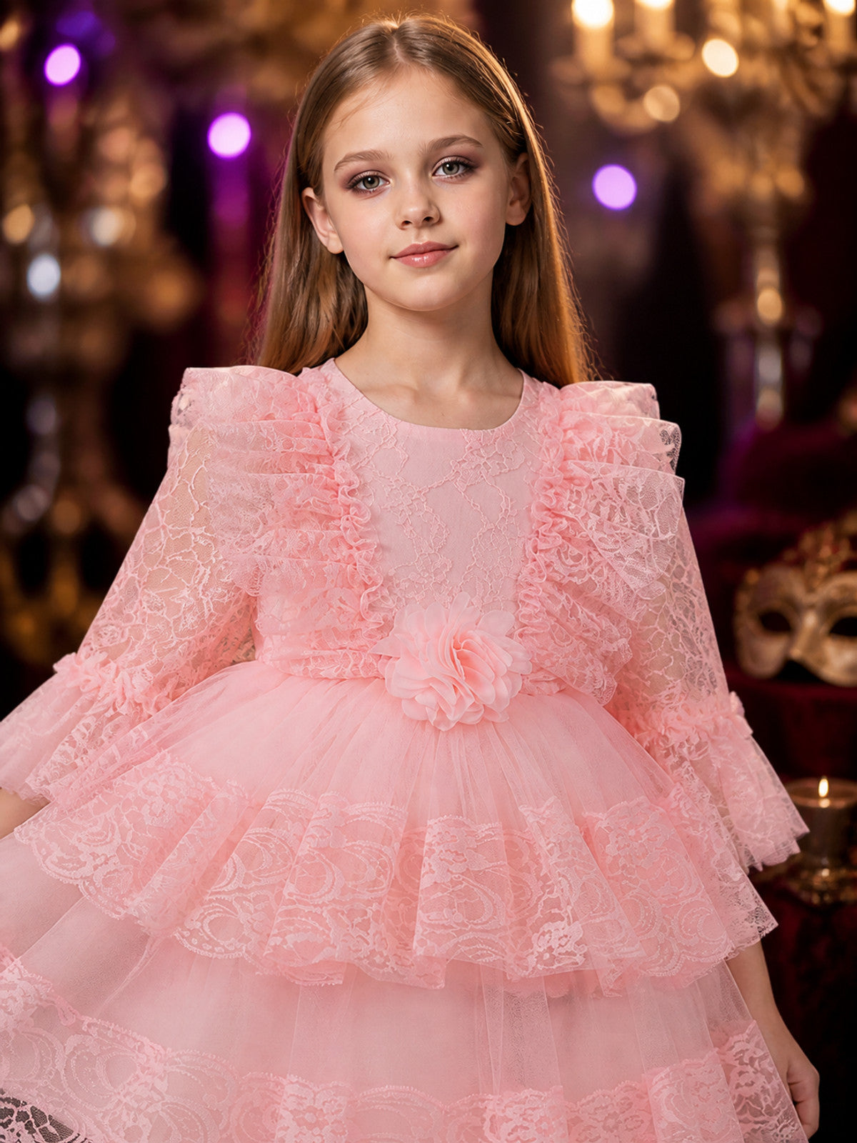 Girls' Pink Princess Dress, Long Sleeve Layered Tulle Party Gown with Flower on-model view
