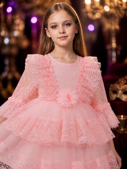 Girls' Pink Princess Dress, Long Sleeve Layered Tulle Party Gown with Flower on-model view