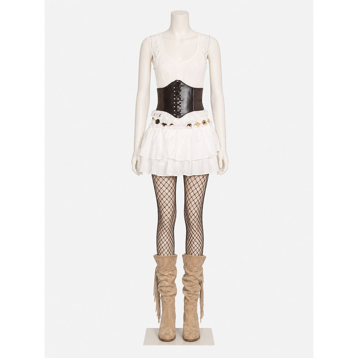 Pirate Costume Set for Adults, White Ruffle Skirt, Black Waist Cincher & Red on-model view
