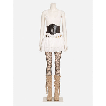 Pirate Costume Set for Adults, White Ruffle Skirt, Black Waist Cincher & Red on-model view