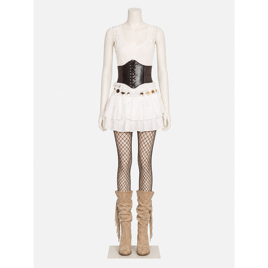Pirate Costume Set for Adults, White Ruffle Skirt, Black Waist Cincher & Red on-model view
