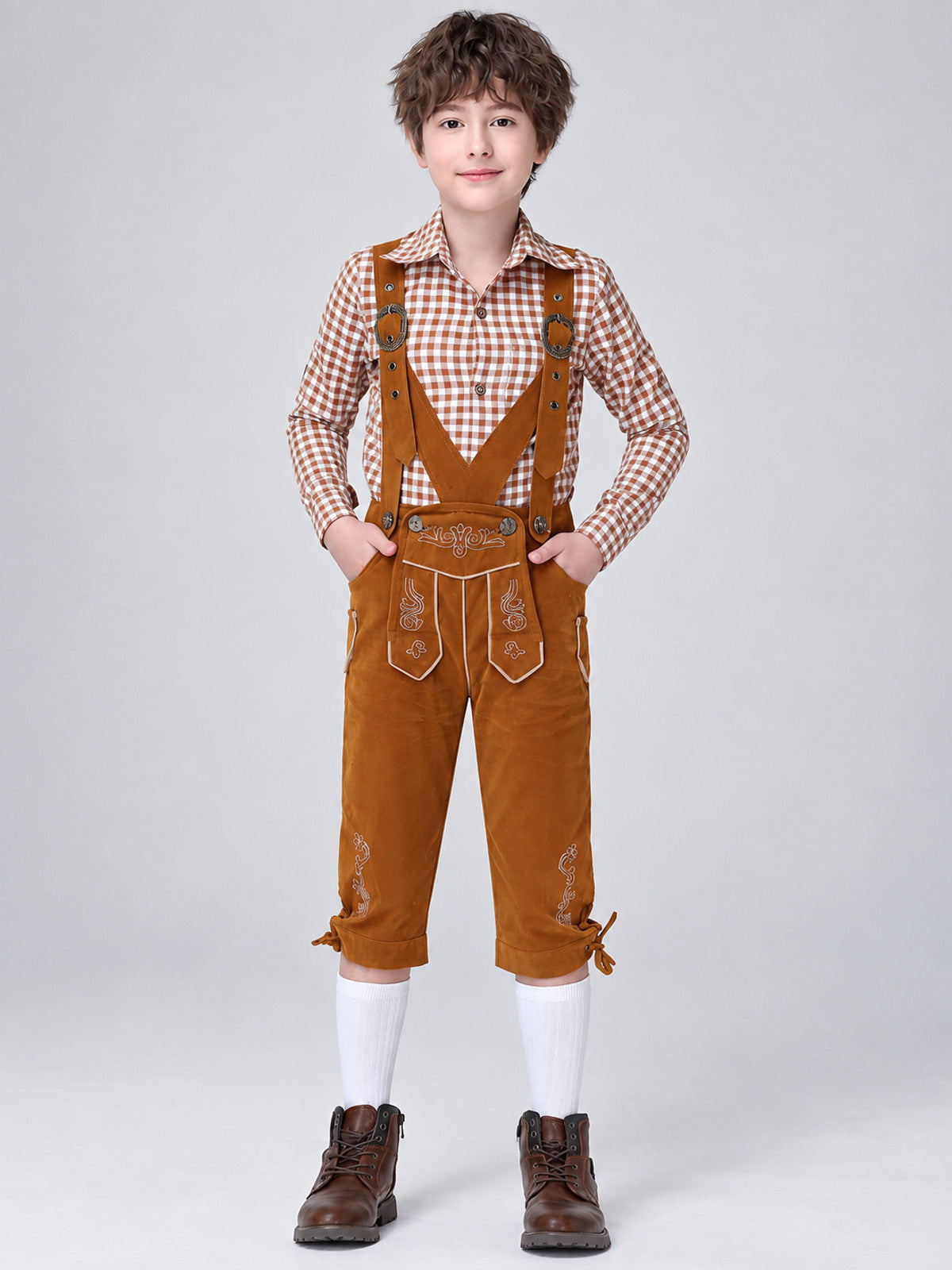 Kids' Plaid Bavarian-Style Costume with Embroidery