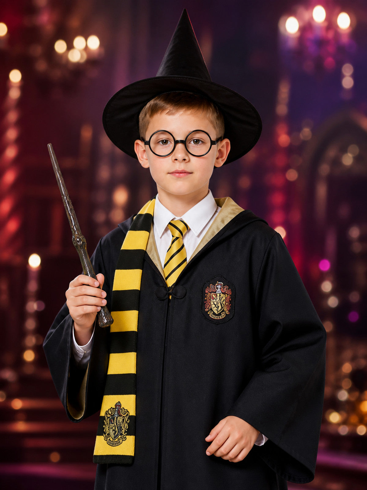 Wizard Costume Set, Hooded Robe With Shirt, Tie, Scarf, Hat, Glasses And Wand on-model view