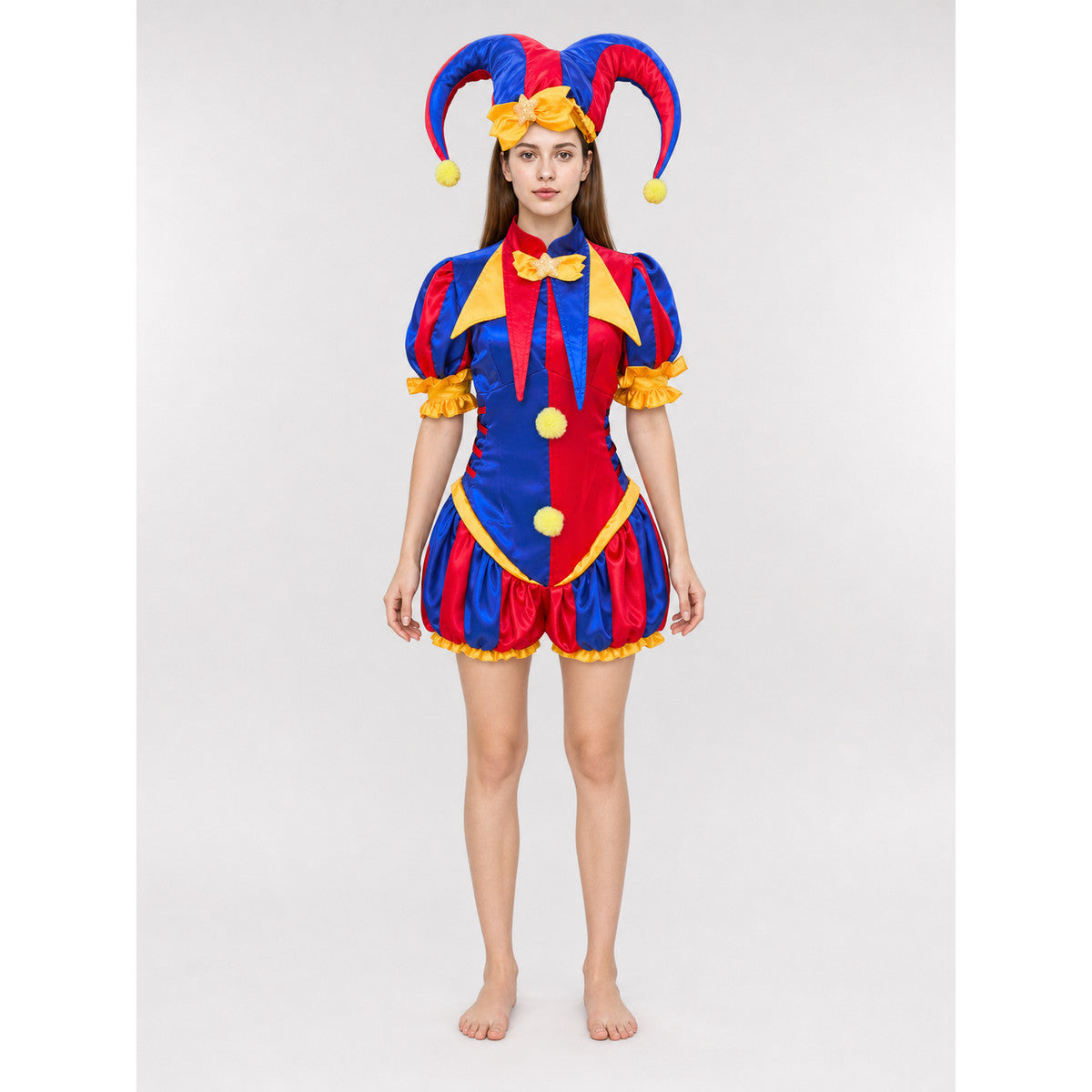 Bright circus clown-style costume with a dress and headpiece, designed for cosplay, themed events, costume parties, and stage performances. The set features an expressive red-and-blue color scheme with yellow and gold accents. The main piec