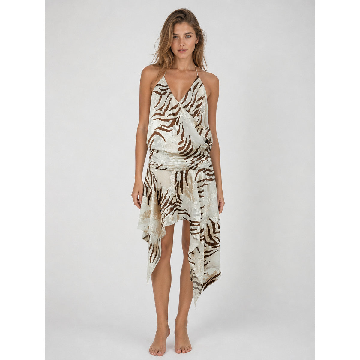 NUTO Asymmetrical Halter Dress with Zebra Print