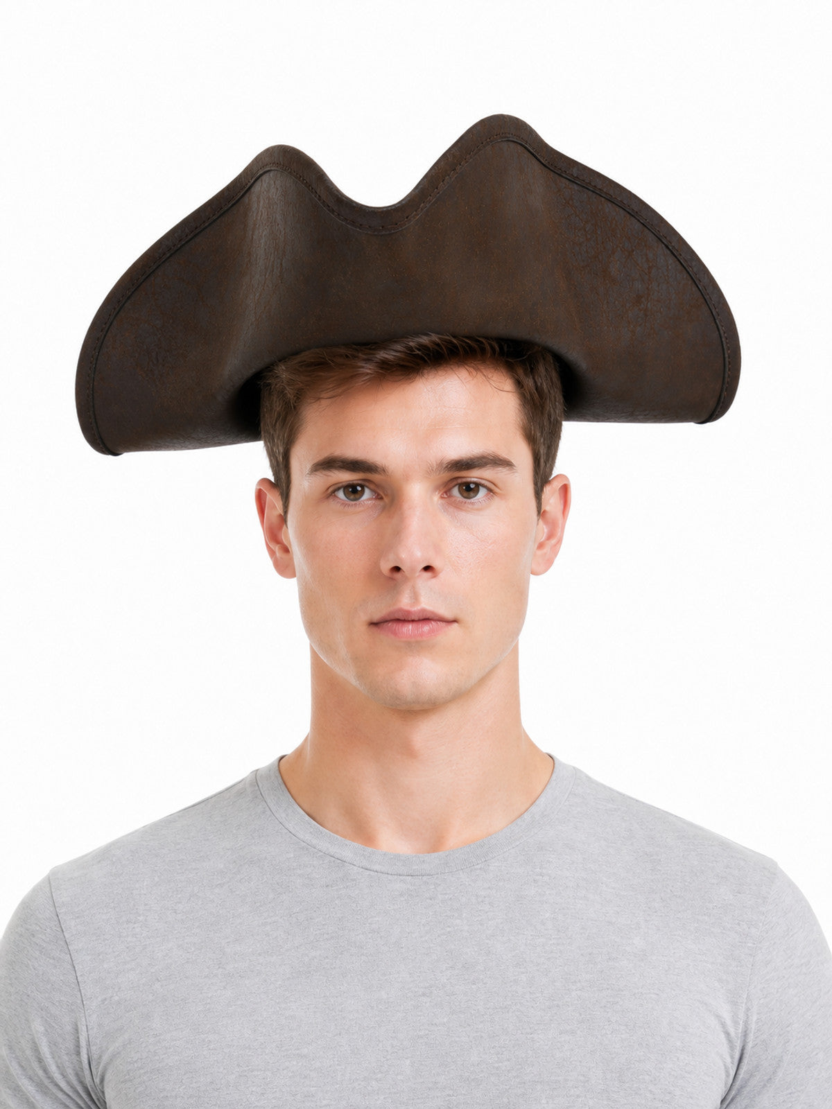 Brown leather-look tricorn pirate hat with curled brim edges, shown from the front on a person against a white background