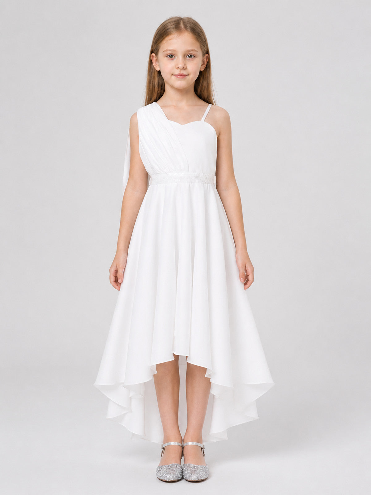 White Dressy Children's Dress with an Asymmetrical Skirt on-model view
