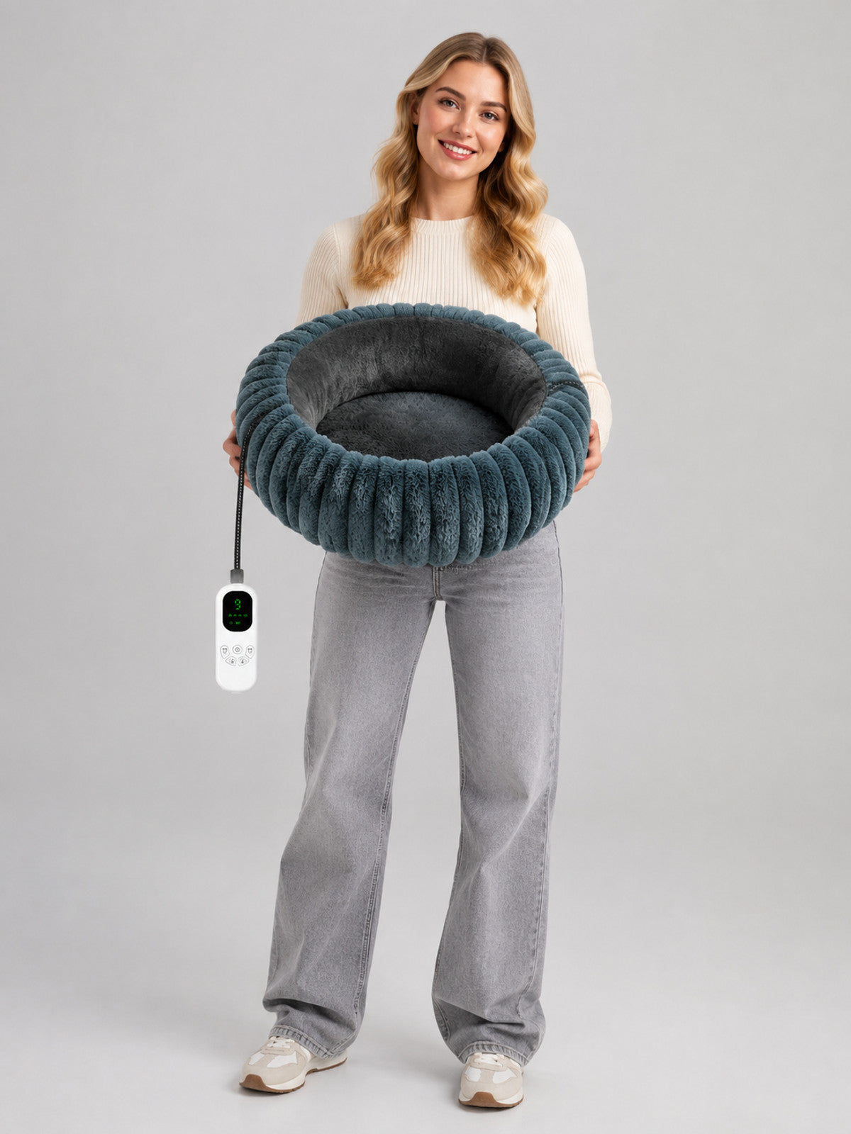 Round Heated Pet Bed with Timer on-model view