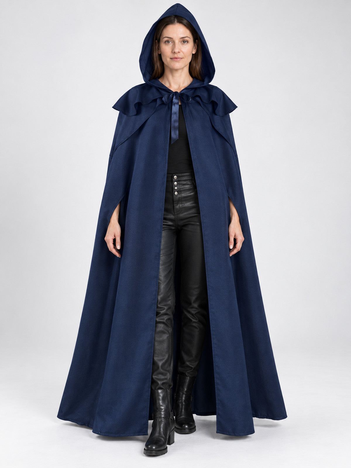 Blue Long Hooded Cloak with Tie Straps