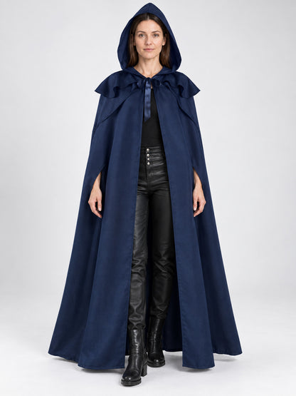 Blue Long Hooded Cloak with Tie Straps