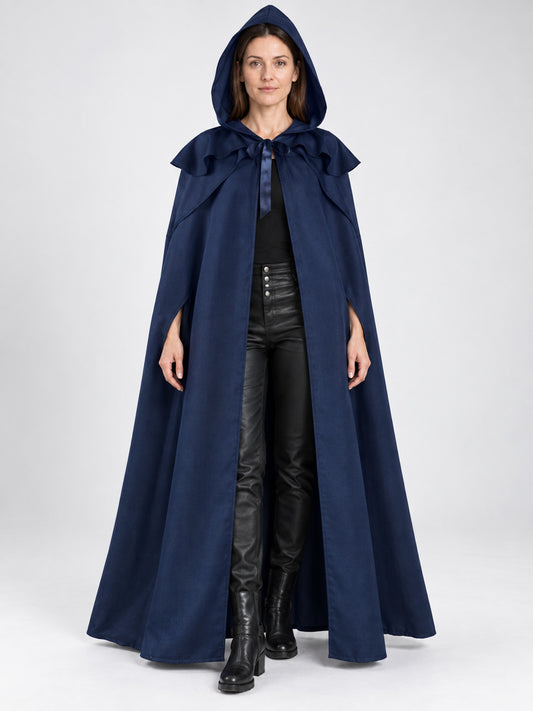 Blue Long Hooded Cloak with Tie Straps