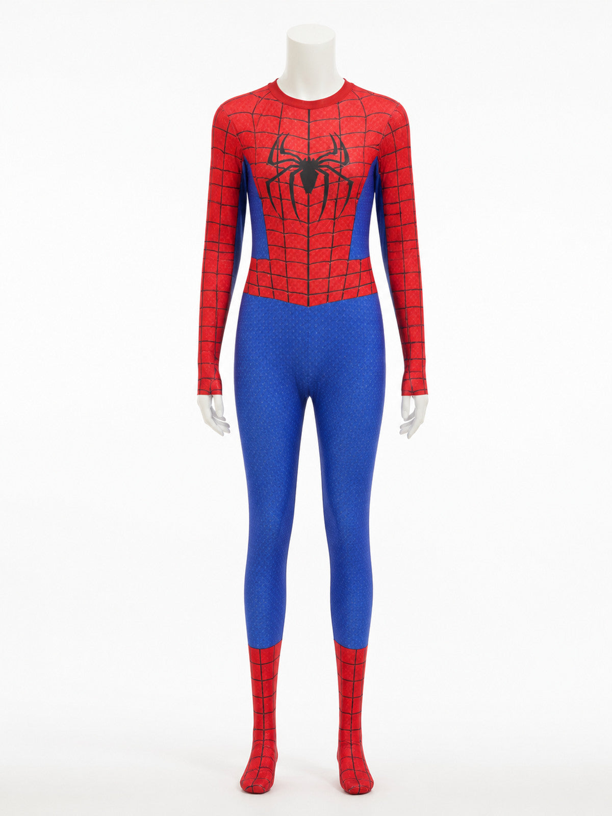 Kids Spider-Themed Full-Body Jumpsuit Costume With Attached Hooded Mask on-model view