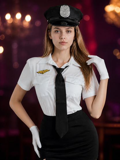 Women's Police Officer Costume Set, White Shirt and Black Skirt with Badge on-model view