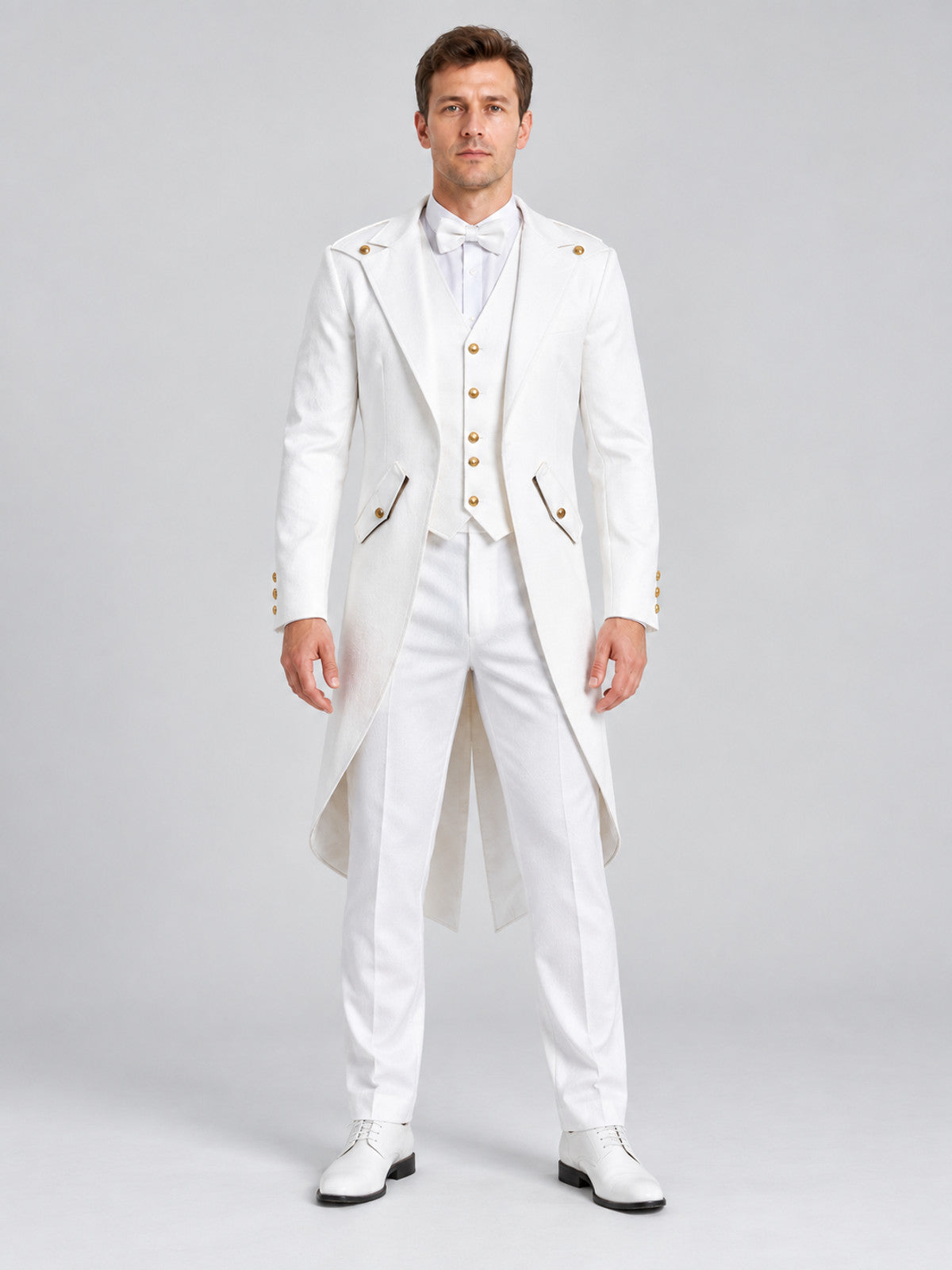 Long white tailcoat with lapels and gold buttons