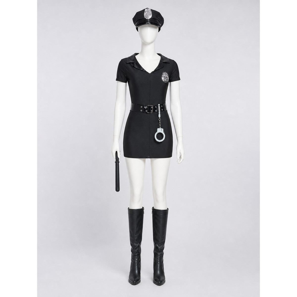 Black police costume with a peaked cap and accessories