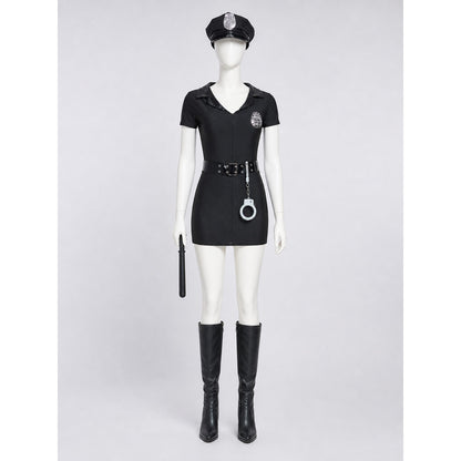 Black police costume with a peaked cap and accessories