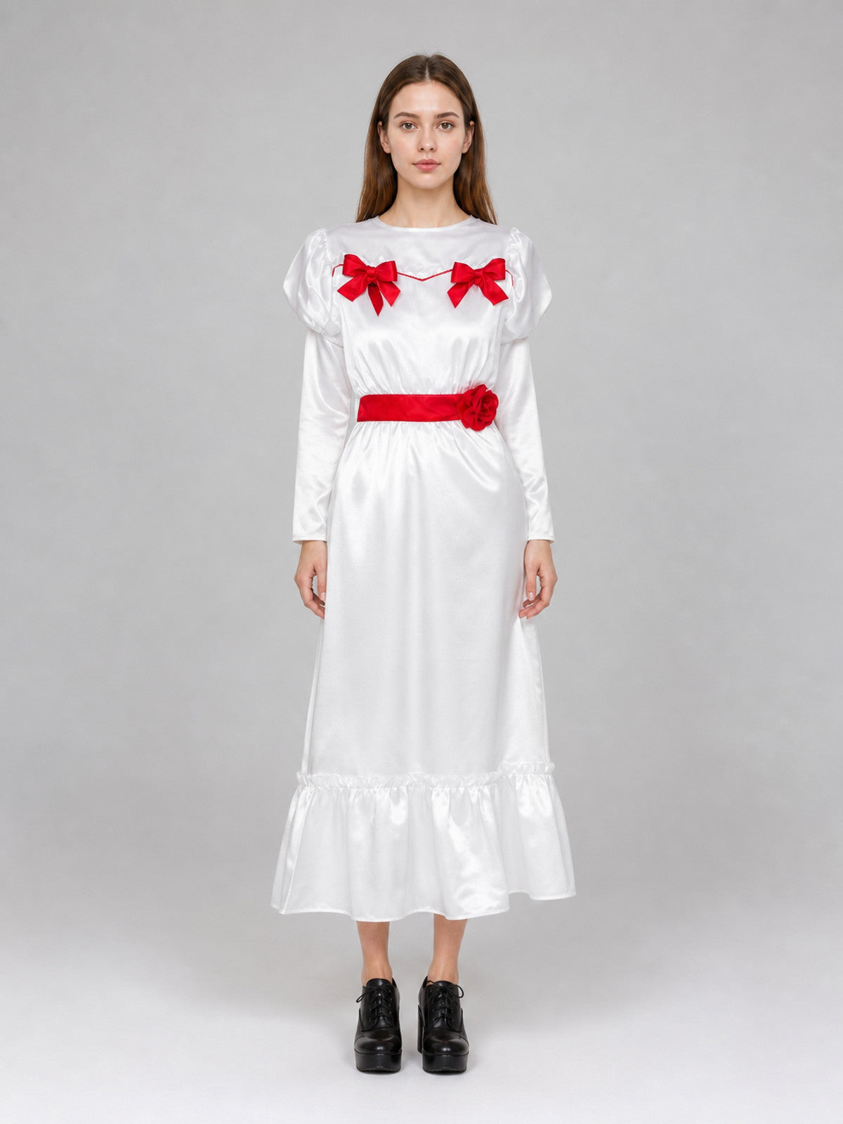 White Dress with Red Bows and Ruffles on-model view