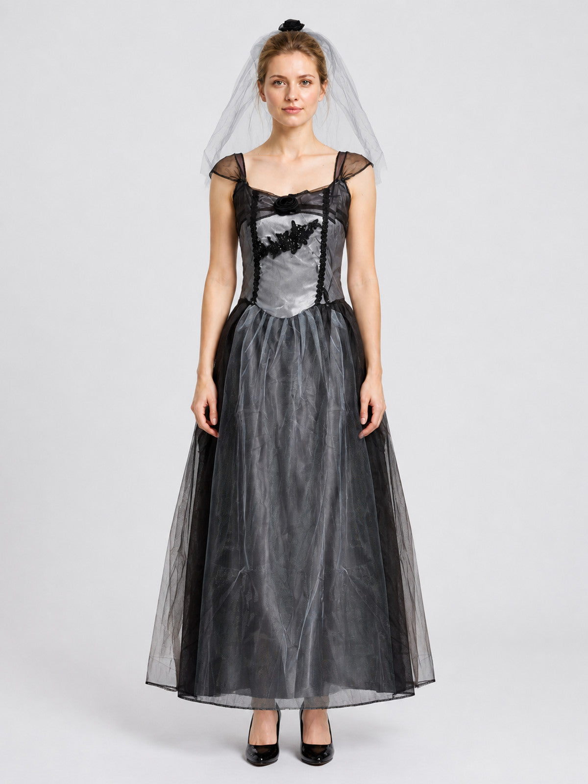 Black and Gray Vampire Bride Costume Dress with Veil on-model view