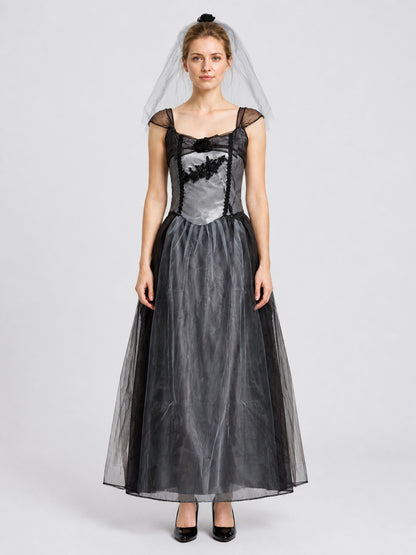Black and Gray Vampire Bride Costume Dress with Veil on-model view