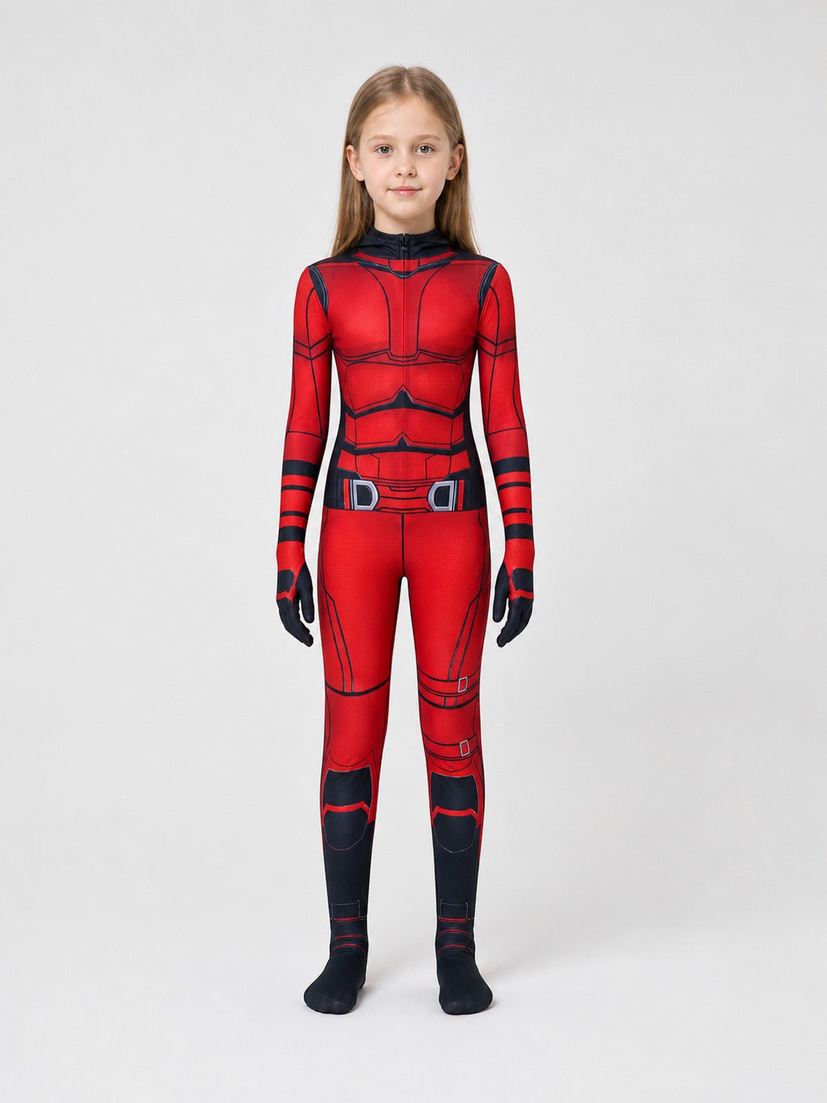 Daredevil Cosplay Jumpsuit, Red and Black, for Halloween on-model view