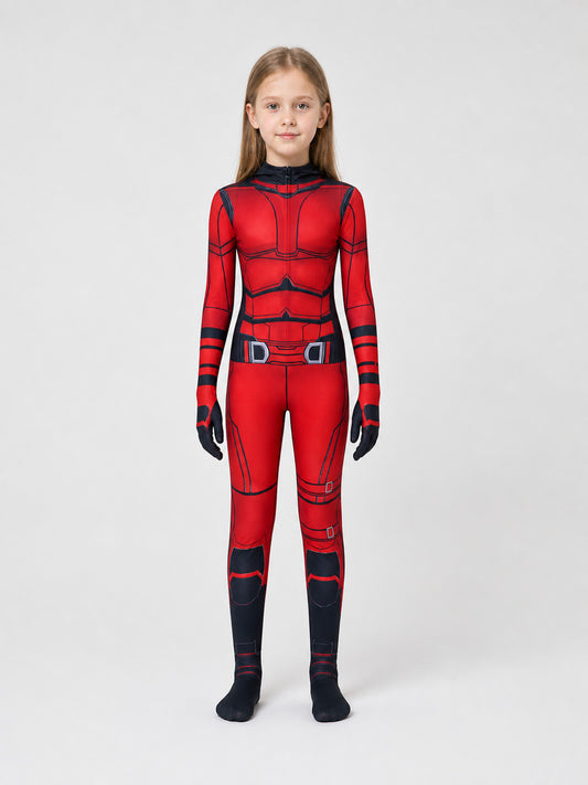 Daredevil Cosplay Jumpsuit, Red and Black, for Halloween on-model view