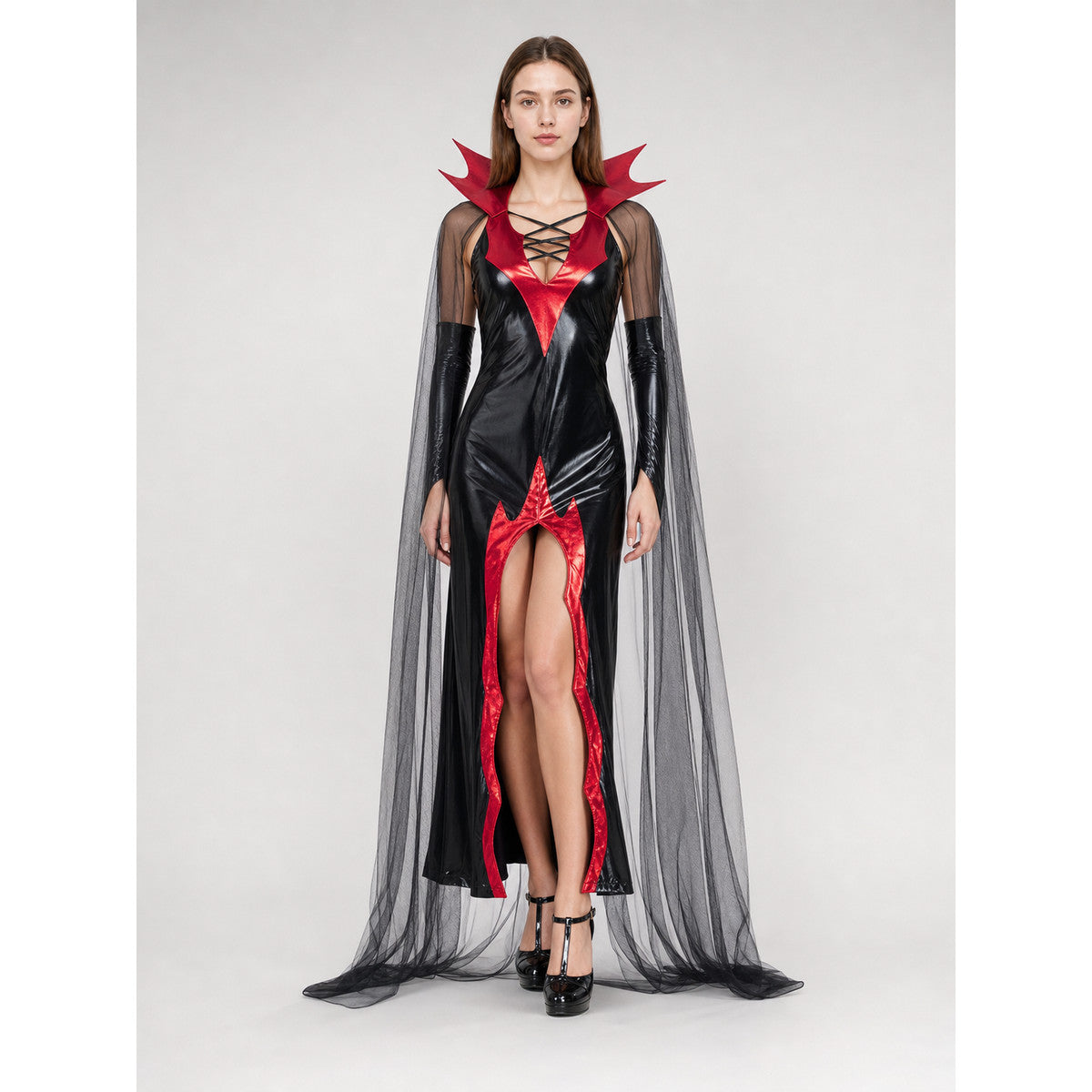 Black and Red Gothic Vampire Costume with Cape on-model view