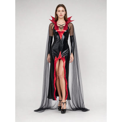 Black and Red Gothic Vampire Costume with Cape on-model view