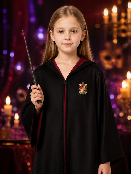 Black Hooded Wizard Robe Costume Set With Crest And Magic Wand on-model view