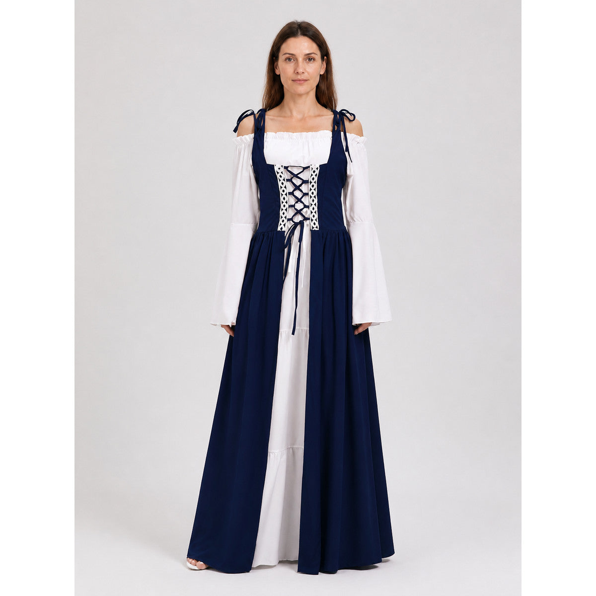 Medieval Dress with White Lacing, Blue and White, S–3XL on-model view