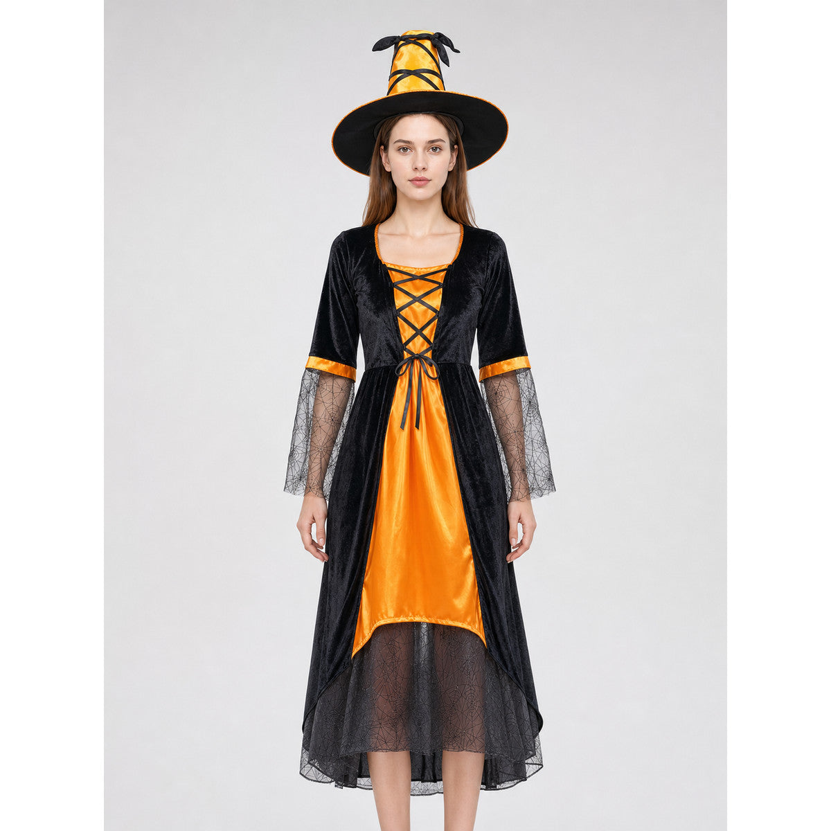 Black and Silver Dress with Witch Hat front view