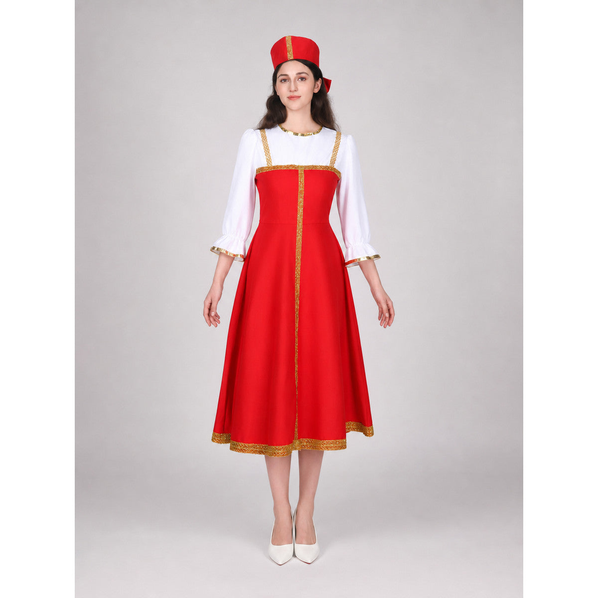 Russian Folk Midi Dress with Hat front view