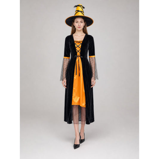 This Halloween costume includes a long dress and a pointed hat. The dress is in a black-and-orange color scheme: the center features a bright orange panel, and the black outer layer has a flared hem. The semi-sheer sleeves are decorated wit