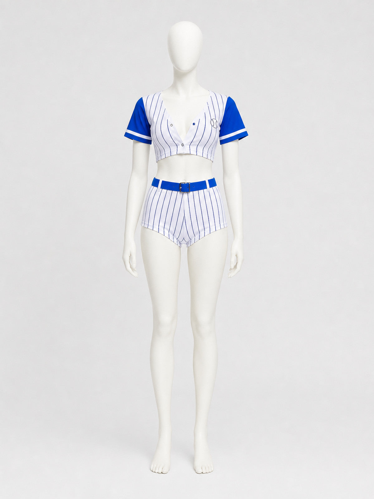 Blue Striped Cheerleader Costume with Skort, S-XL on-model view