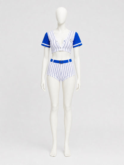 Blue Striped Cheerleader Costume with Skort, S-XL on-model view