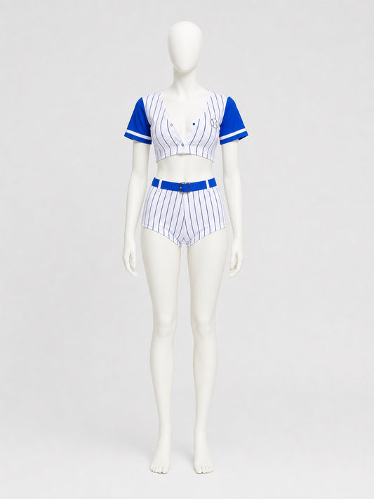 Blue Striped Cheerleader Costume with Skort, S-XL on-model view