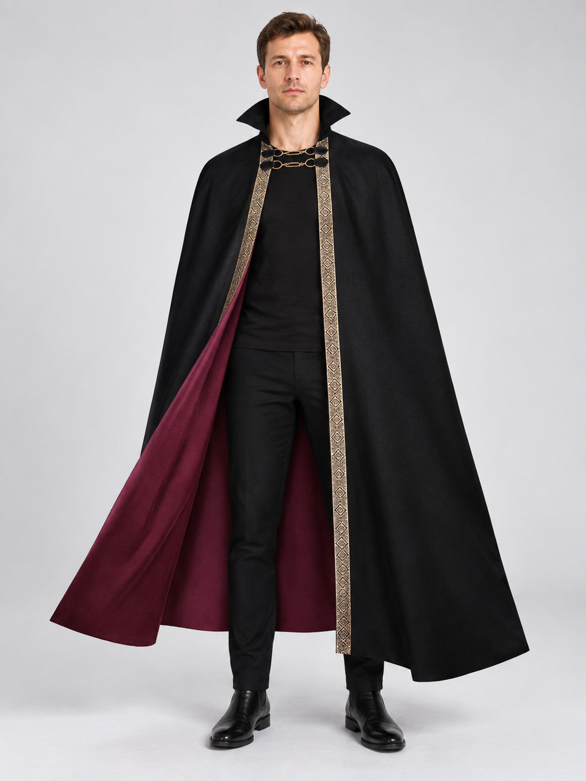 Cape Cloak with Burgundy Lining and High Collar on-model view