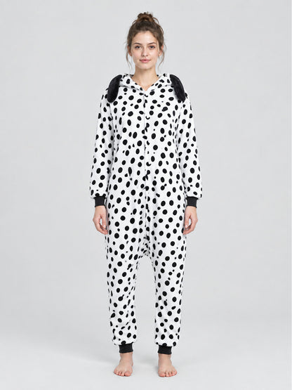 White pajama jumpsuit with black spots and ears