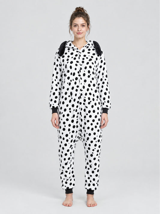 White pajama jumpsuit with black spots and ears