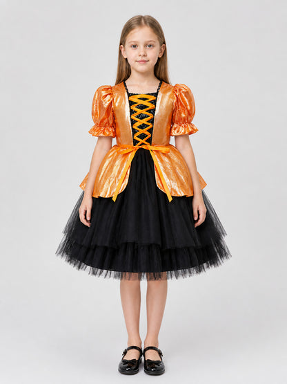 Children’s Princess Dress with Pumpkin and Bat Print on-model view