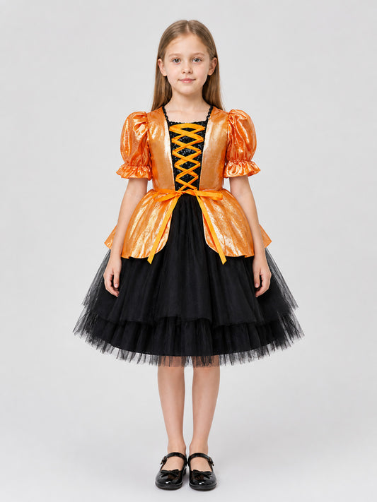 Children’s Princess Dress with Pumpkin and Bat Print on-model view