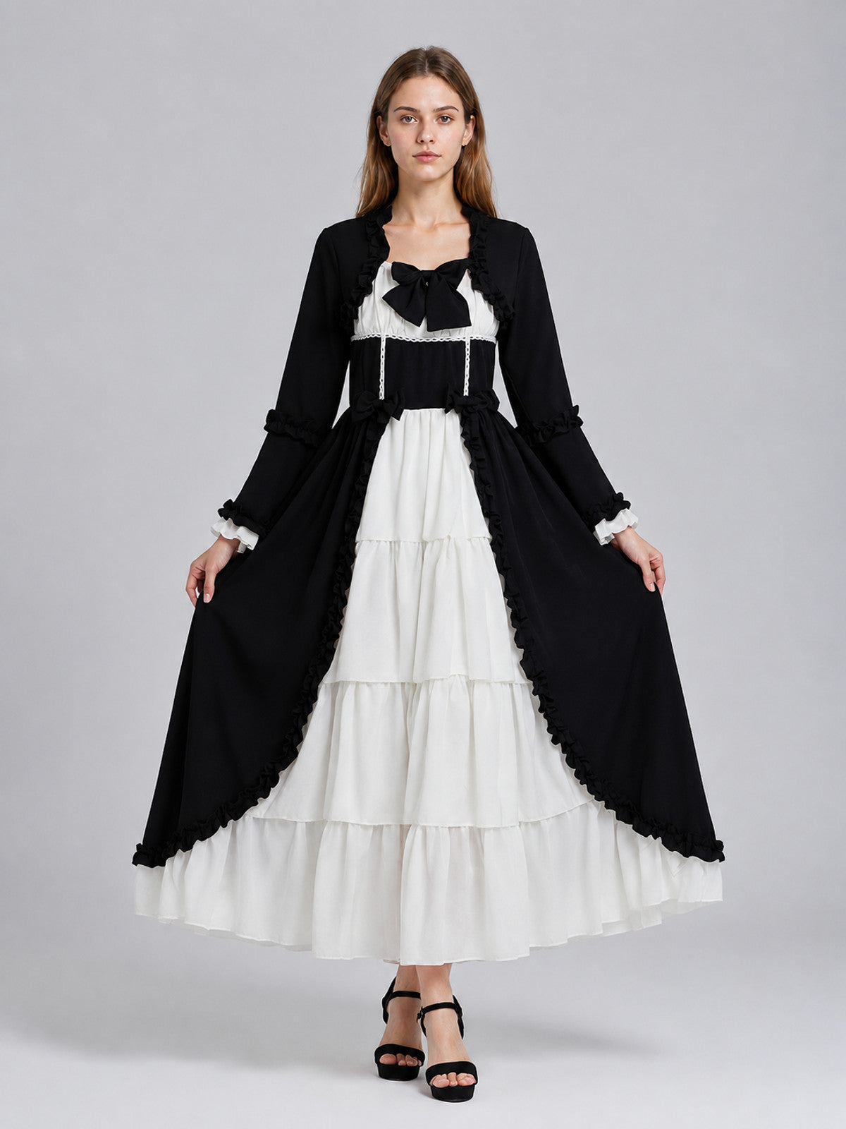 Long Black-and-White Stage Dress with Bow on-model view