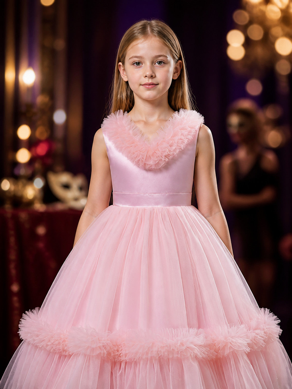 Girls' Pink Princess Formal Dress, Sleeveless V-Neck Ruffle Layered Tulle Gown