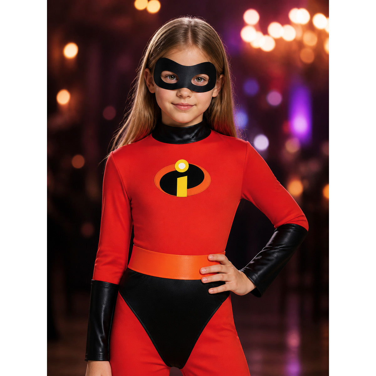Kids Superhero Costume Bodysuit, Red with Orange Belt and Eye Mask, Halloween on-model view