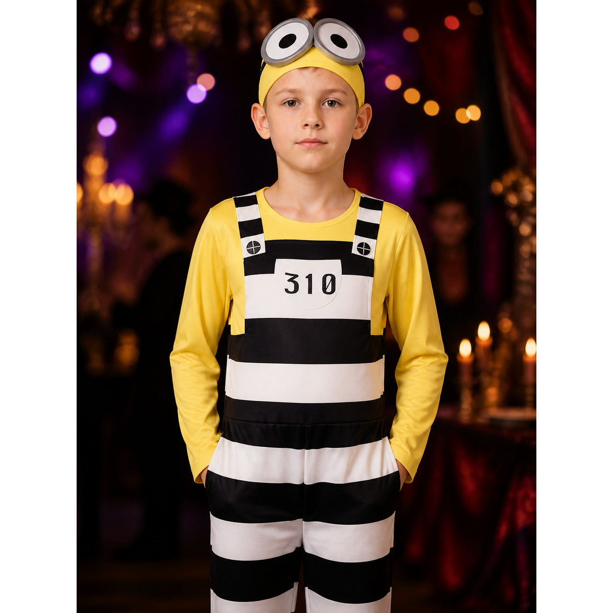 Minions Prisoner Striped Jumpsuit Costume with Goggles and Headband on-model view